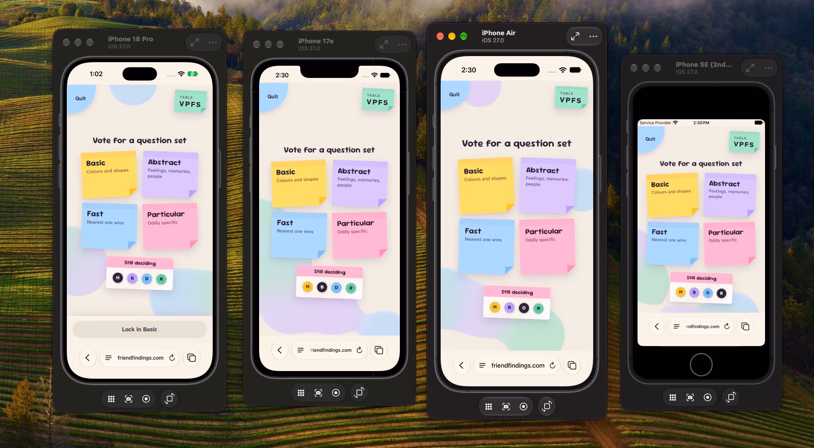 Four phone simulators showing the question-set vote