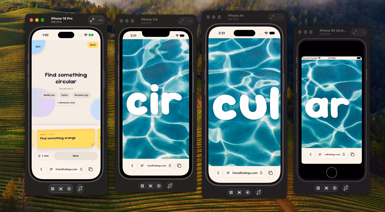 Host phone showing Find something circular and three player phones sharing the word circular over a water background